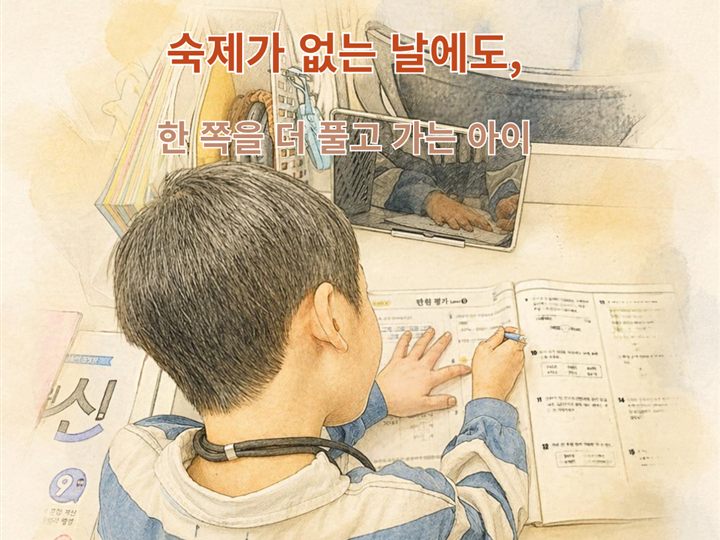 숙제가 없는 날에도 한 쪽을 더 풀고 가는 아이를 그린 일러스트