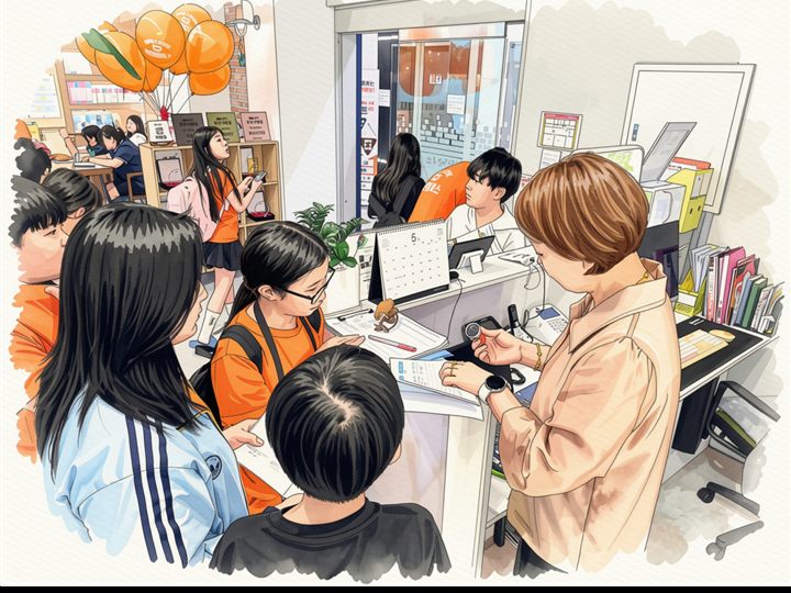 학원 데스크에서 선생님과 학생들이 이야기를 나누는 모습을 그린 일러스트